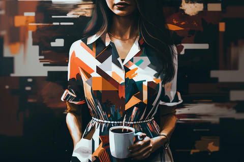 a woman wearing an abstract printed dress