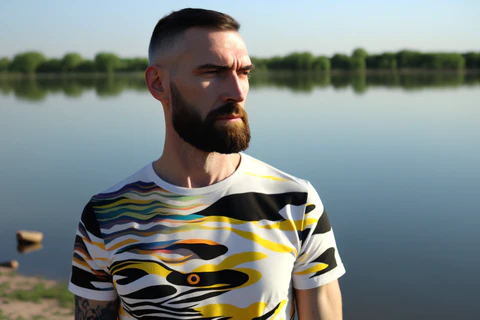 a man wearing an abstract printed t-shirt