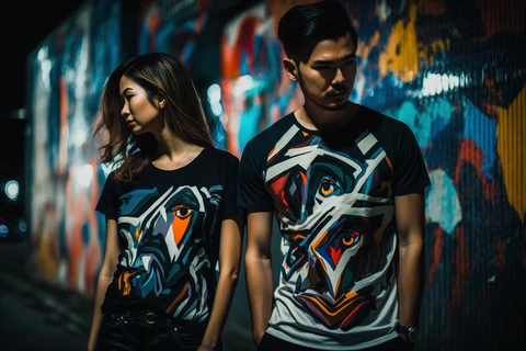 the couple wearing abstract printed t-shirts 