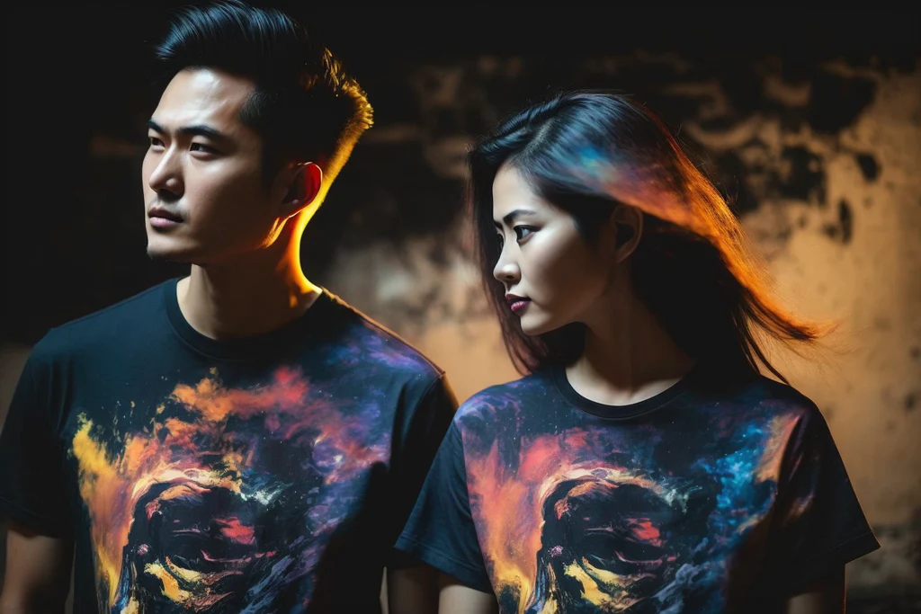 the Asian couple is wearing matching abstract t-shirts