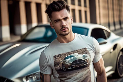 man wearing aston martin t-shirt