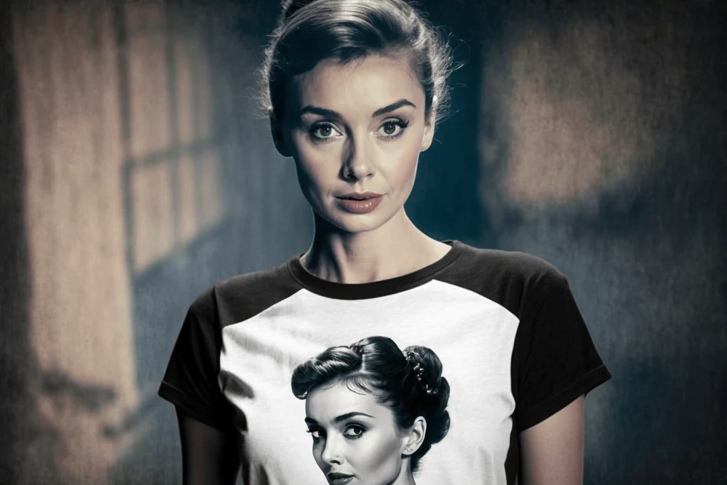 a pretty lady wearing an audrey hepburn-inspired t-shirt