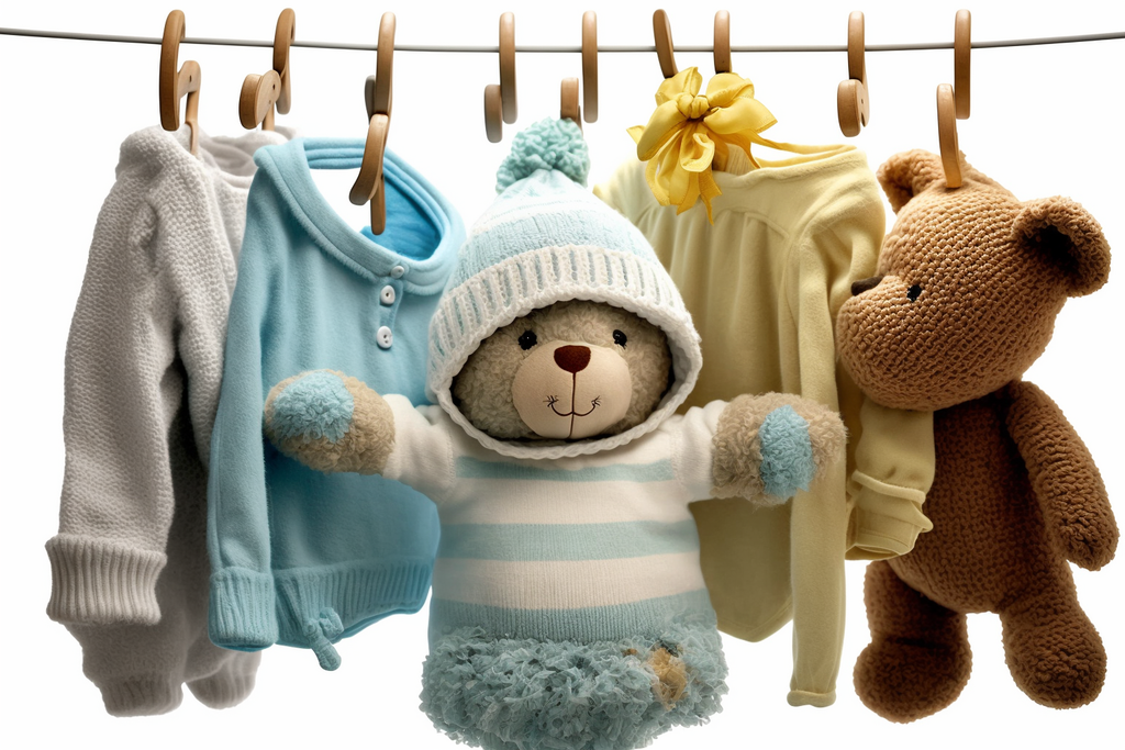 baby clothes and toys on the hangers 