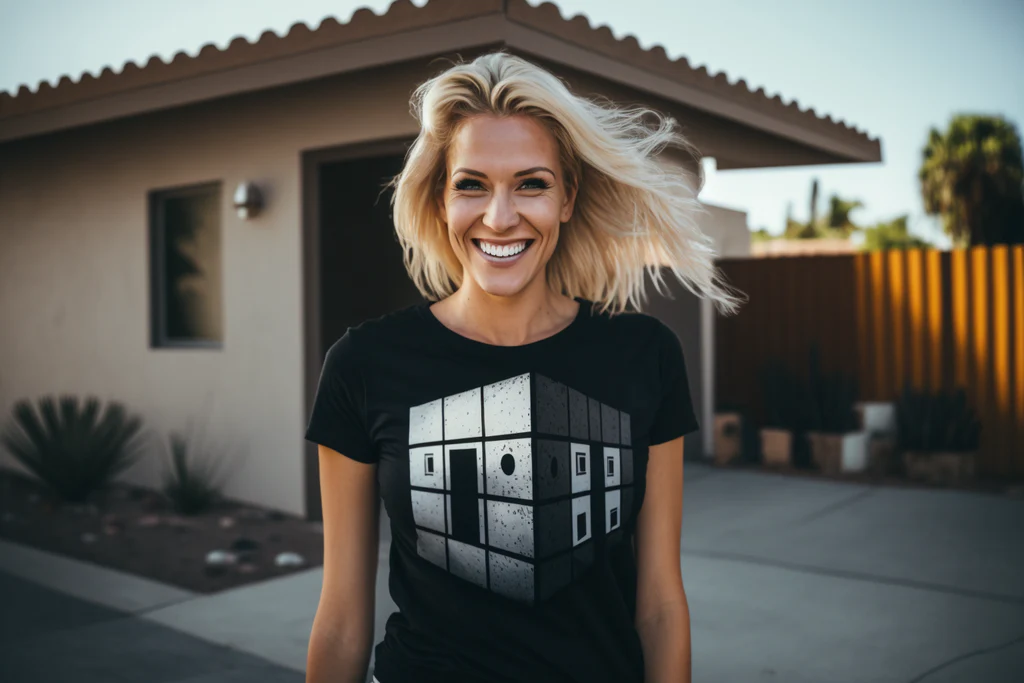 a woman in a black abstract t-shirt 