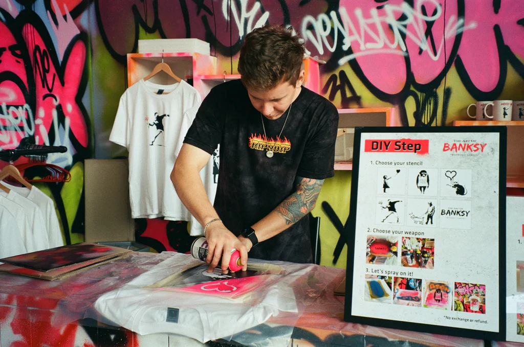 making of banksy art t-shirt