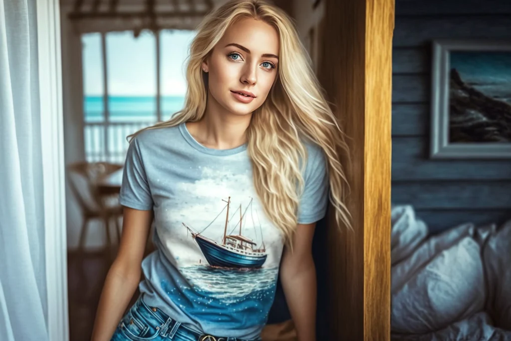 blonde girl with sea printed t-shirt