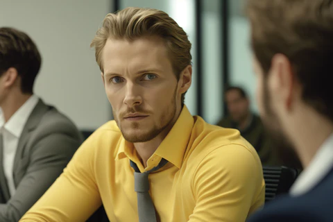 a blonde man in a yellow collar shirt 