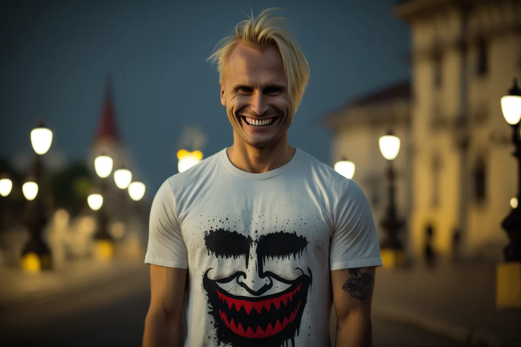 a blonde man with a smiley face wears a horror movie t-shirt