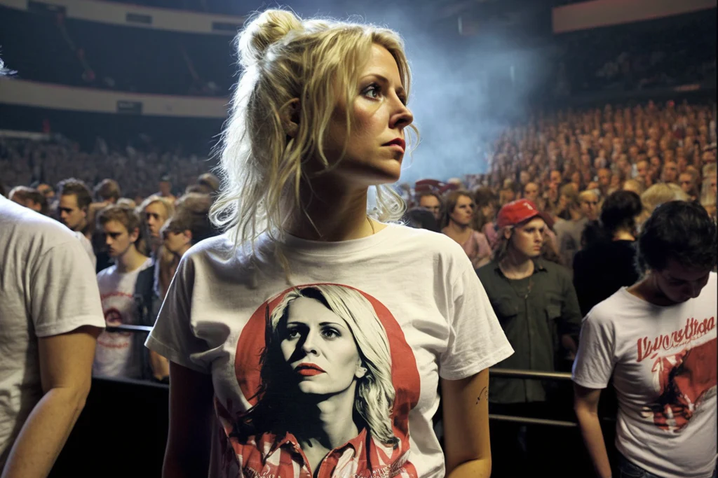 a blonde girl in a concert wears a concert t-shirt