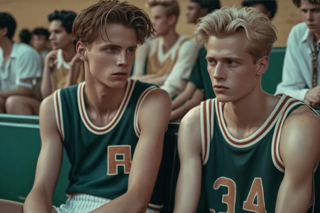 two boys are wearing vintage jerseys