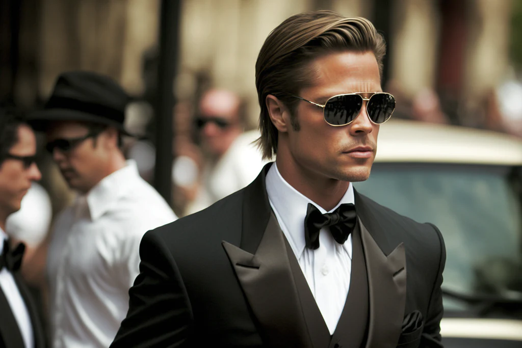 brad pitt is in a tuxedo and wearing sunglasses