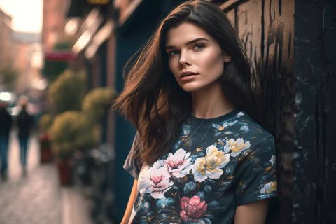 pretty , a brunette girl wears a floral printed t-shirt