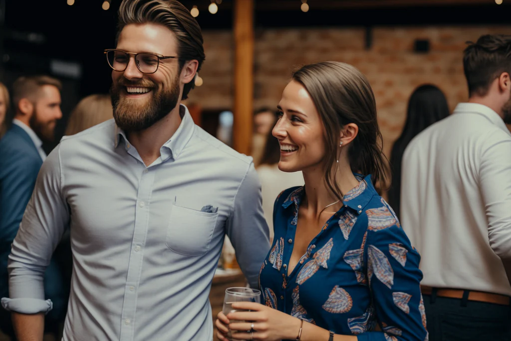 the couple wearing a casual outfits at an engagement party 