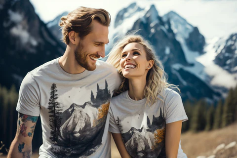happy couple wearing mountain-printed t-shirts