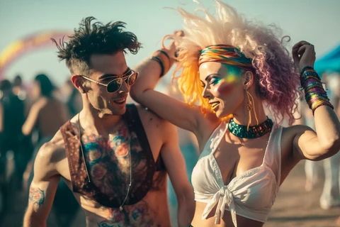 a young couple wearing festival outfits