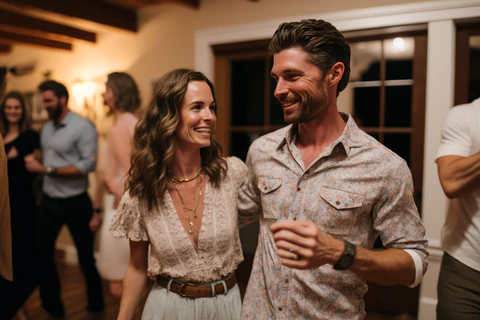 the stylish couple at an engagement party