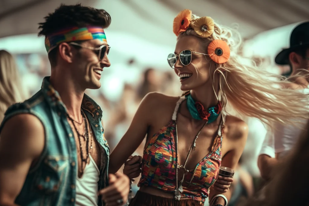 a charming couple wearing a festive outfits at a festival