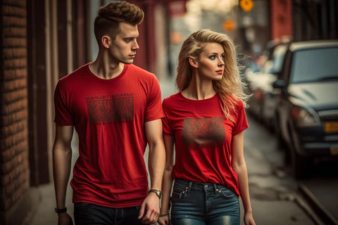 the couple in a red t-shirts