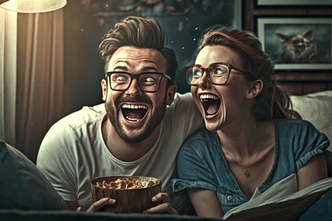 a couple watches and laughs at a comedy movie