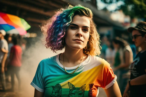 curly girl in lgbt outfit