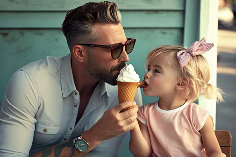 stylish dad with daughter eating an ice cream