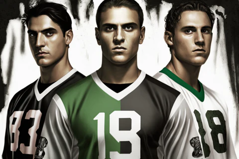 three men in different nylon football t-shirts