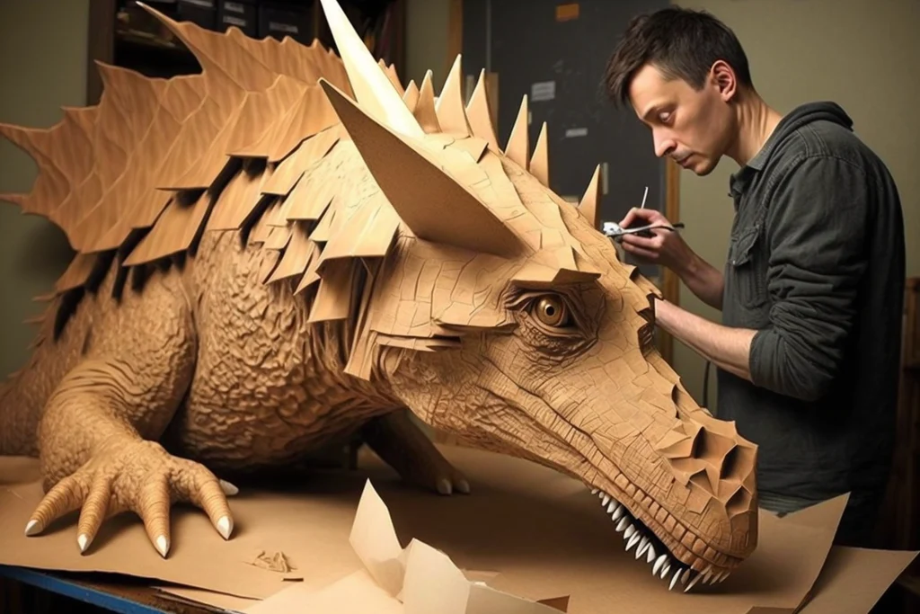 a man is making a cardboard dinosaur