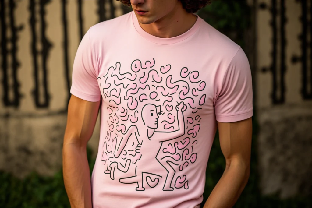 light pink t-shirt, with a print of keith haring's doodles