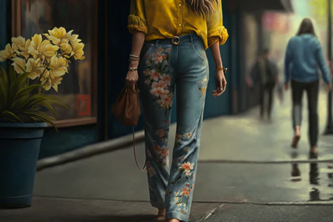 a woman is wearing a blue floral pants with a yellow chambray shirt