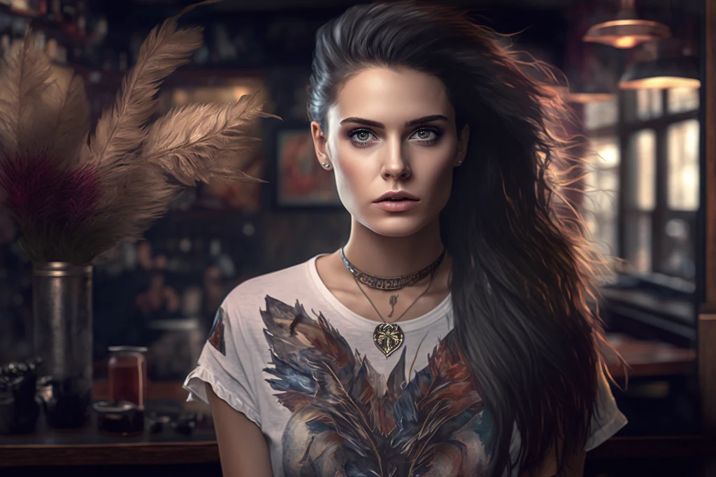 brunette girl wearing a floral t-shirt and necklace