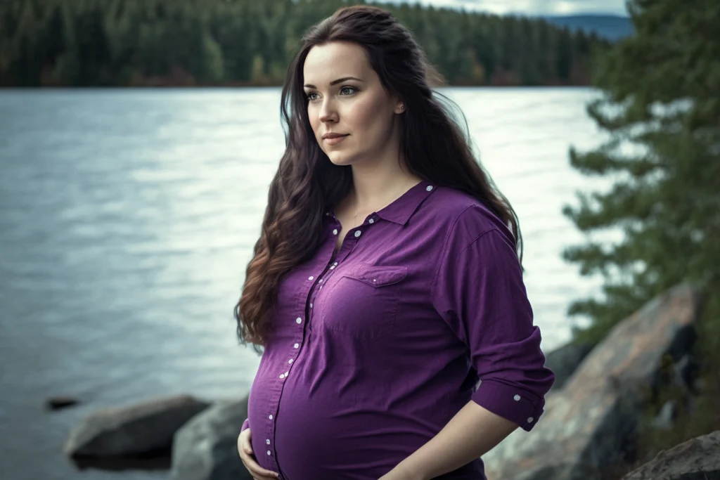 a pregnant woman in a purple shirt