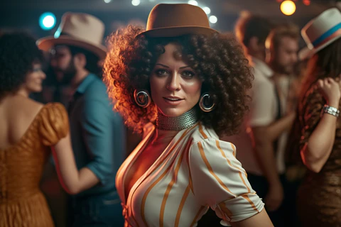 a girl is wearing a 70s outfit at a disco party
