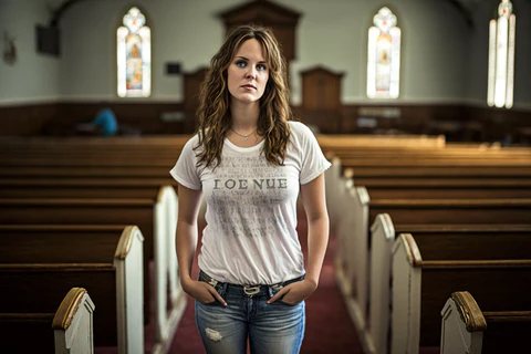 girl wearing jeans and t-shirt in church