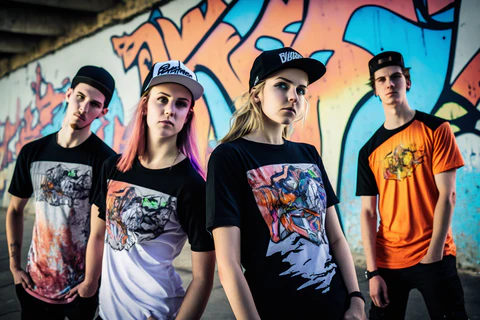 a group of young people wearing graffiti art t-shirts