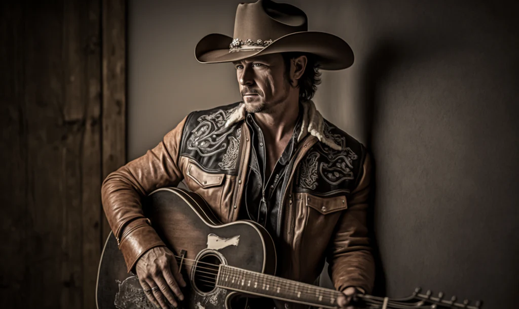 a man playing the guitar while wearing a leather jacket