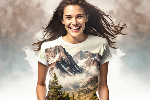 young lady with mountain printed t-shirt