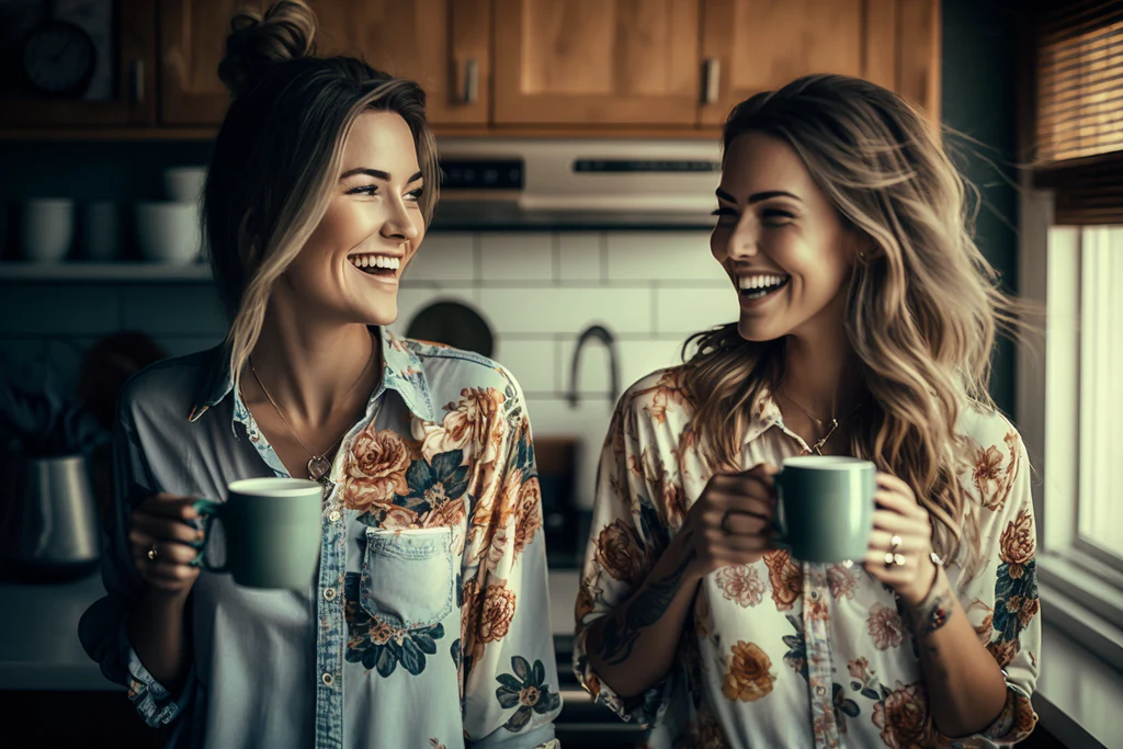 two women in a floral shirts drinking coffee