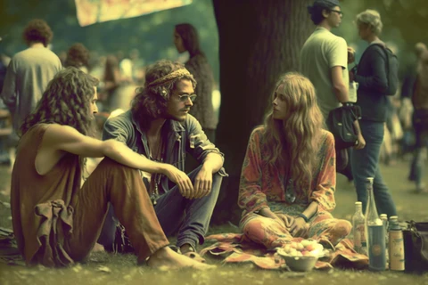 the group of hippies in the park