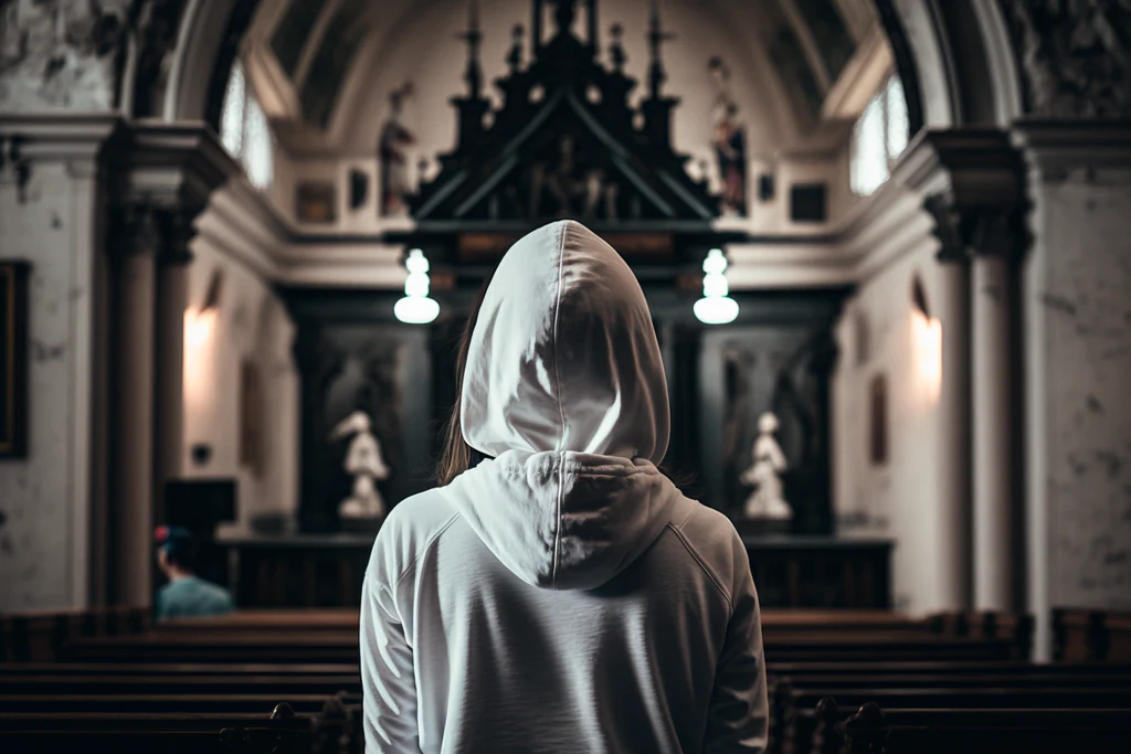 a lady in a white hoodie in church