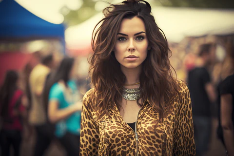 a woman in a leopard printed jacket