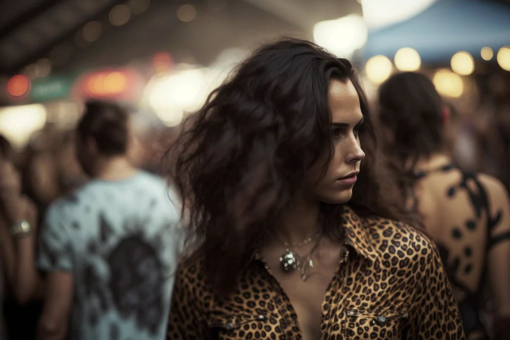 a brunette woman in a leopard printed shirt