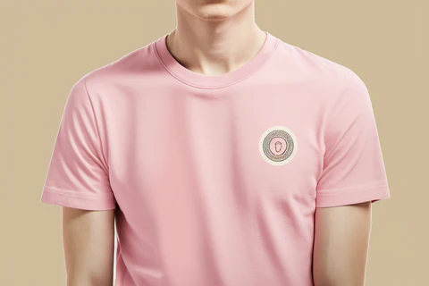 a pink t-shirt with a logo