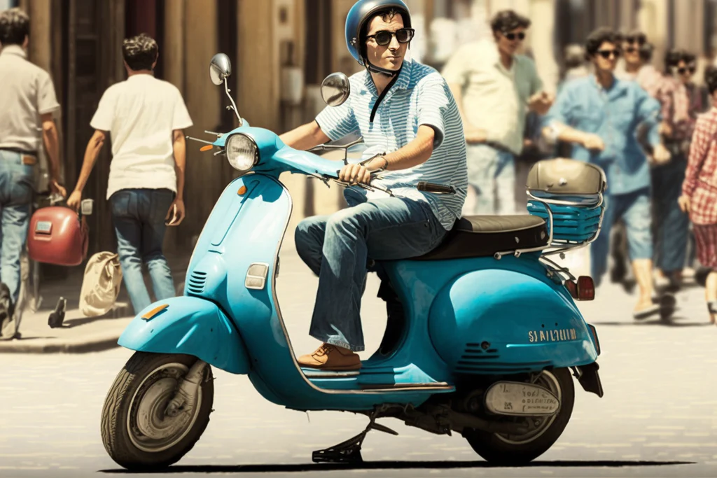 man riding a blue vespa