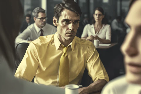 a man in a yellow collar shirt and a yellow tie