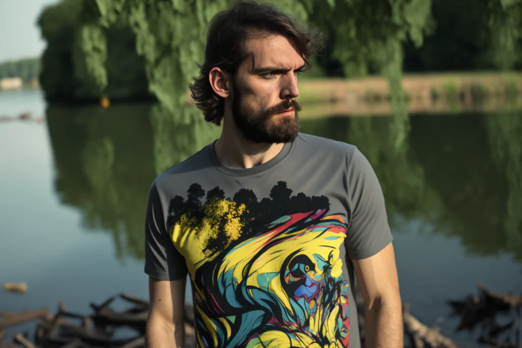 a man wearing a t-shirt featuring an abstract design