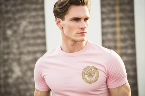 a man wearing a pink t-shirt with a logo