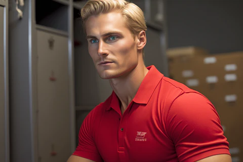 a man in a red polo shirt with a logo