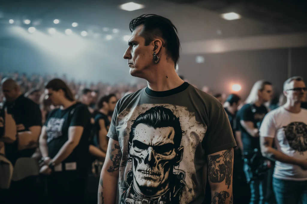 the man is at a rock concert wearing a rock band t-shirt