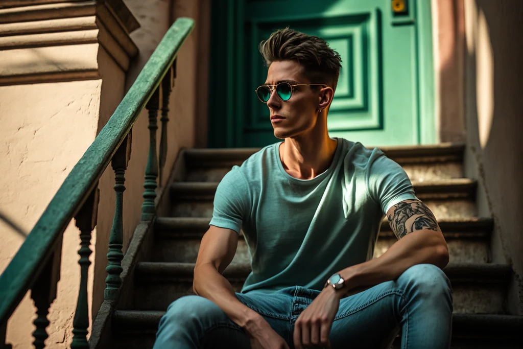 man with sunglasses sits on the stairs, wearing jeans pants, and a light green t-shirt