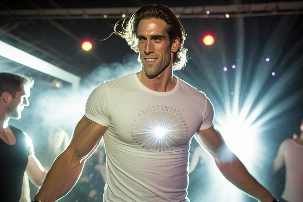 man wearing a light-up t-shirt at a party